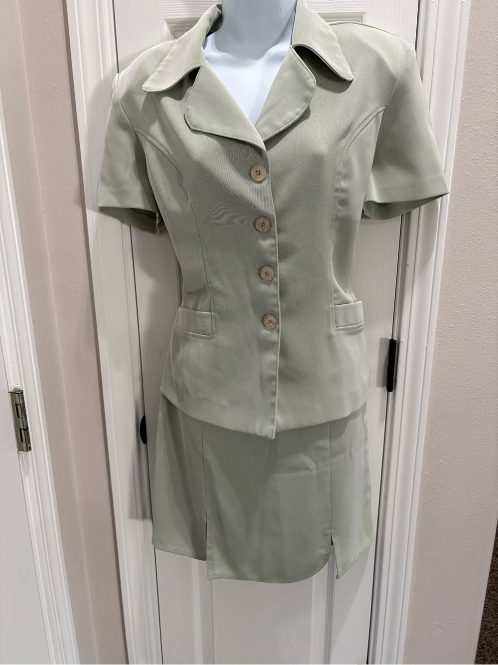 Angie Tailored Short Sleeve Skirt Set in Sage Green